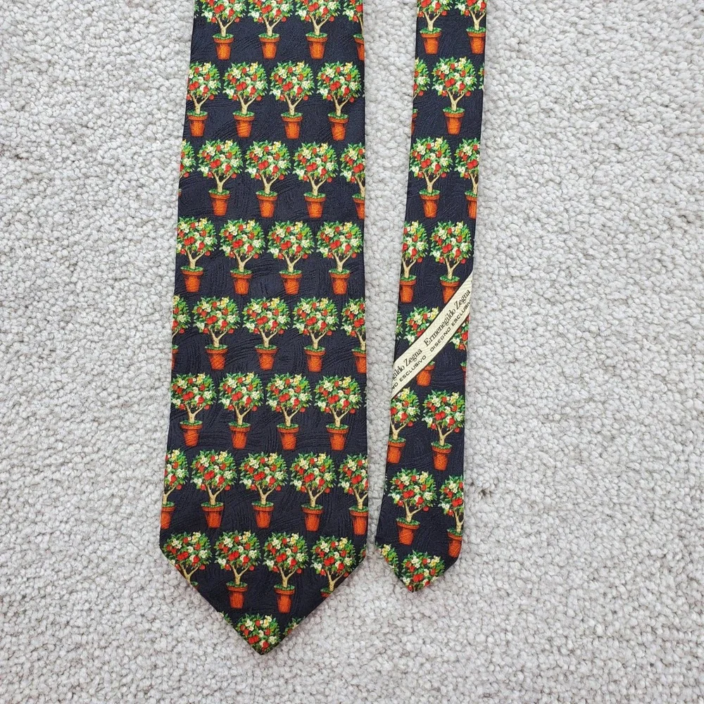 Ermenegildo Zegna Silk Necktie Mens One Size Multicolor Fruit Tree Print Novelty